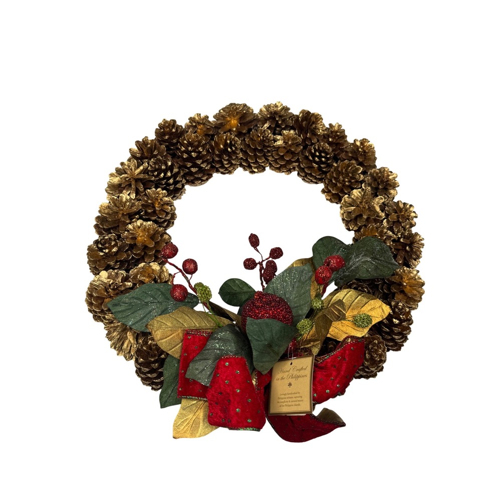 Fall Pinecone Wreath Apple Acorn Leaves Plaid Bow Autumn Thanksgiving Decor